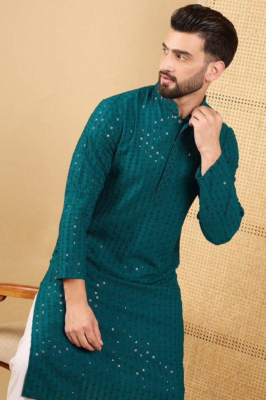 Ethnic Bay Teal Green Viscose Rayon Solid Embroidered Straight Chikankari Kurta