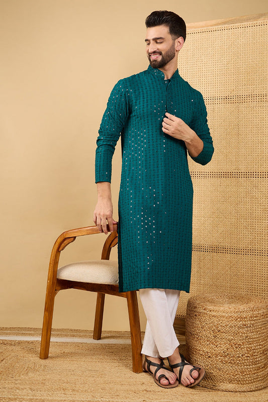 Ethnic Bay Teal Green Viscose Rayon Solid Embroidered Straight Chikankari Kurta