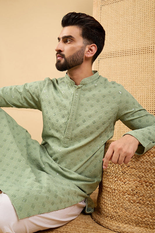 Ethnic Bay Green Viscose Rayon Solid Embroidered Straight Chikankari Kurta