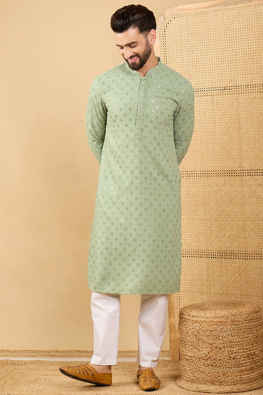 Ethnic Bay Green Viscose Rayon Solid Embroidered Straight Chikankari Kurta