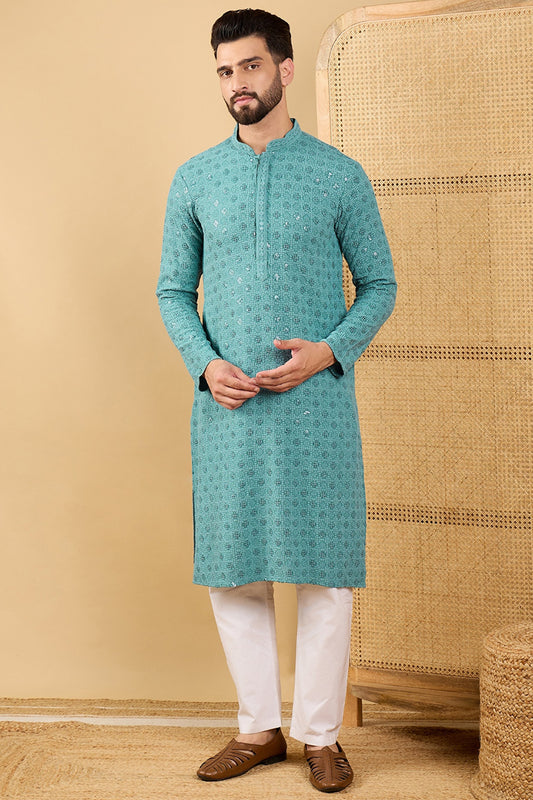 Ethnic Bay Turquoise Blue Viscose Rayon Solid Embroidered Straight Chikankari Kurta MKU1056