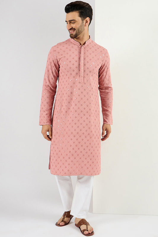 Ethnic Bay Pink Viscose Rayon Solid Embroidered Long Straight Kurta For Men MKU1060