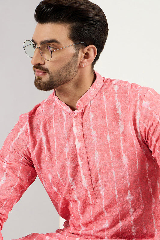 Ethnic Bay Men Peach Viscose Rayon Abstract Embroidered Chikankari Straight Kurta MKU1064