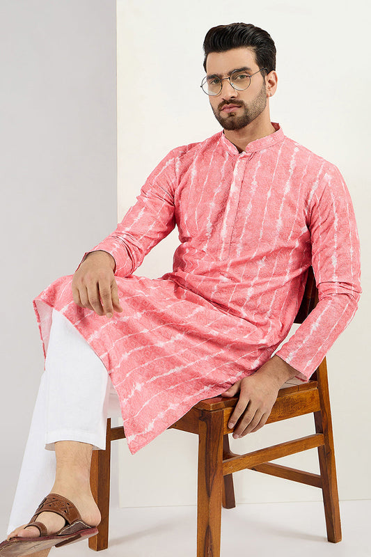 Ethnic Bay Men Peach Viscose Rayon Abstract Embroidered Chikankari Straight Kurta MKU1064