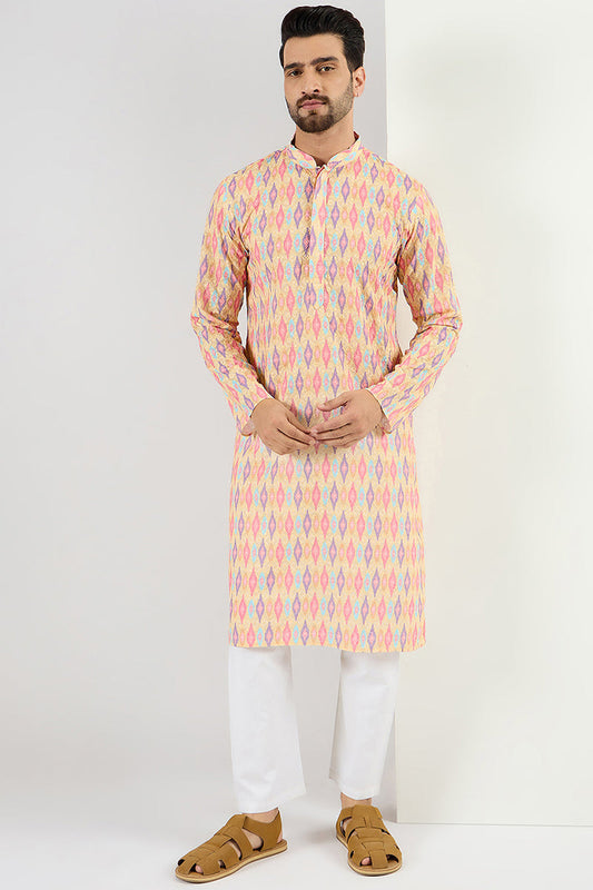 Ethnic Bay Men Yellow Viscose Rayon Abstract Embroidered Chikankari Straight Kurta