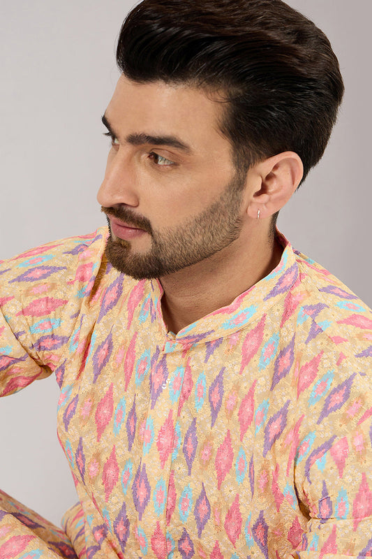 Ethnic Bay Men Yellow Viscose Rayon Abstract Embroidered Chikankari Straight Kurta