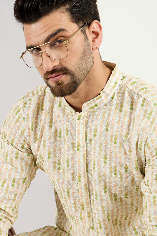 Ethnic Bay Men Cream Viscose Rayon Striped Embroidered Chikankari Straight Kurta