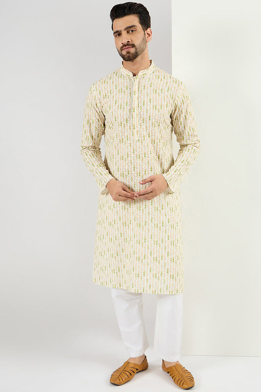 Ethnic Bay Men Cream Viscose Rayon Striped Embroidered Chikankari Straight Kurta