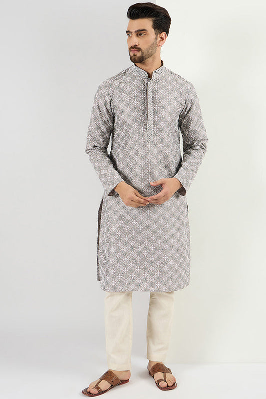 Ethnic Bay Men Grey Viscose Rayon Solid Embroidered Straight Kurta MKU1088