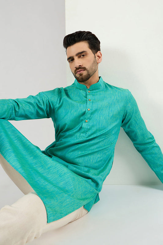 Ethnic Bay Men Teal Blue Cotton Solid Woven Design Straight Kurta