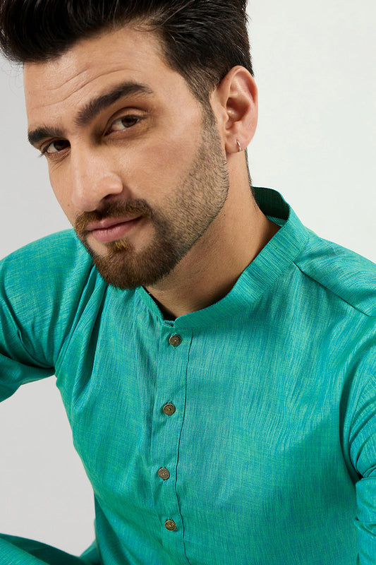Ethnic Bay Men Teal Blue Cotton Solid Woven Design Straight Kurta