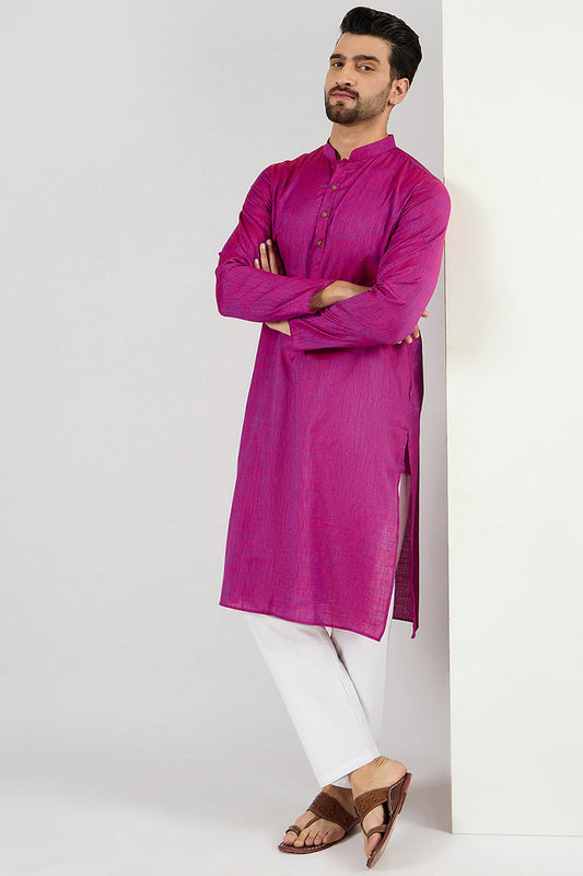 Ethnic Bay Men Pink Cotton Solid Woven Design Straight Kurta