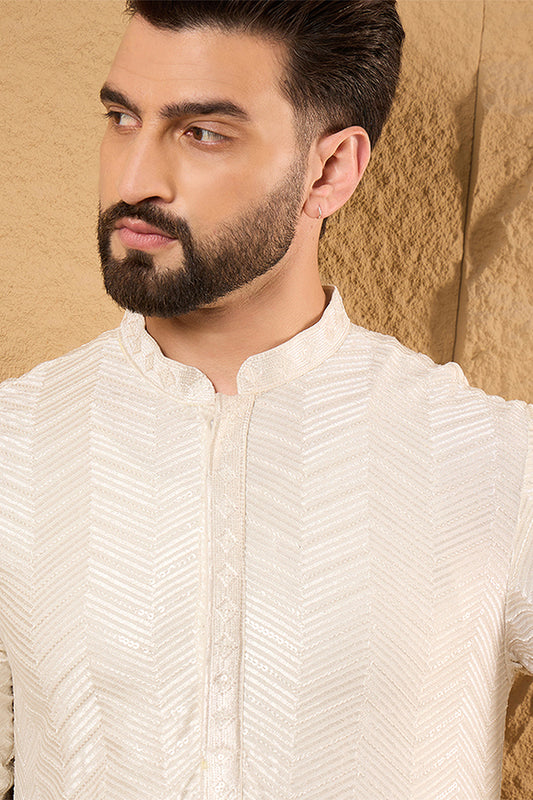 Off White Viscose Rayon Chevron Embroidered Straight Kurta MKU1102