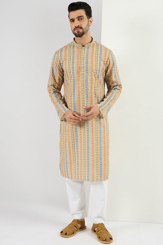 Ethnic Bay Men Yellow Viscose Rayon Geometric Embroidered Chikankari Straight Kurta MKU1117