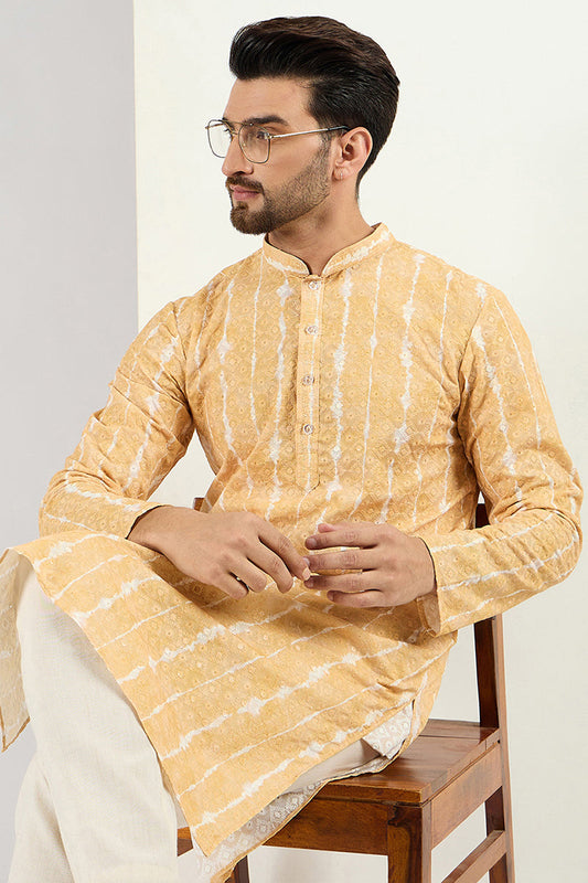 Ethnic Bay Men Yellow Viscose Rayon Abstract Embroidered Chikankari Straight Kurta