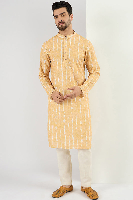 Ethnic Bay Men Yellow Viscose Rayon Abstract Embroidered Chikankari Straight Kurta