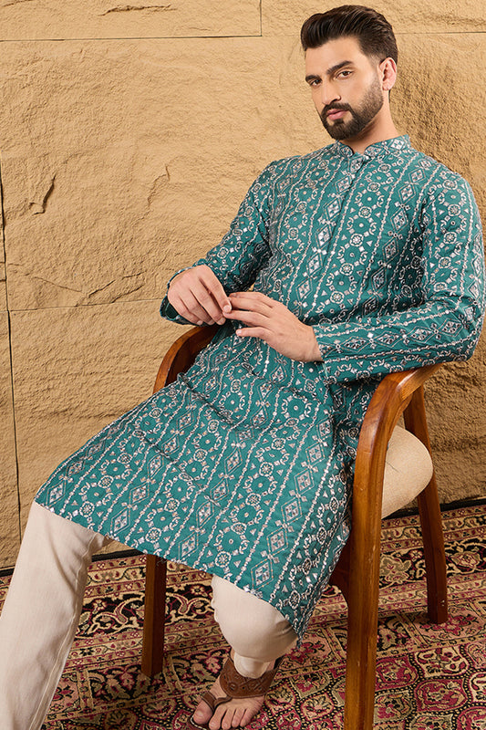 Blue Silk Embroidered Mandarin Collar Straight Kurta MKU1132