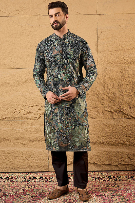 Ethnic Bay Green Georgette Embroidered Mandarin Collar Straight Kurta MKU1133