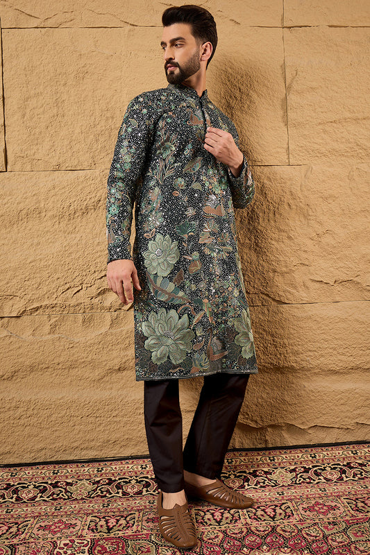 Ethnic Bay Green Georgette Embroidered Mandarin Collar Straight Kurta MKU1133