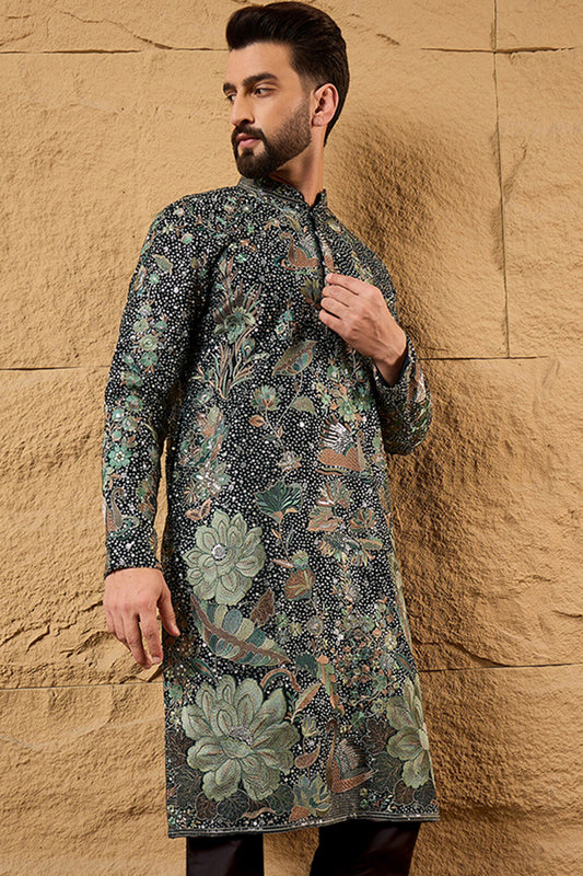 Green Georgette Solid Embroidered Straight Kurta with Trouser MKSET1133