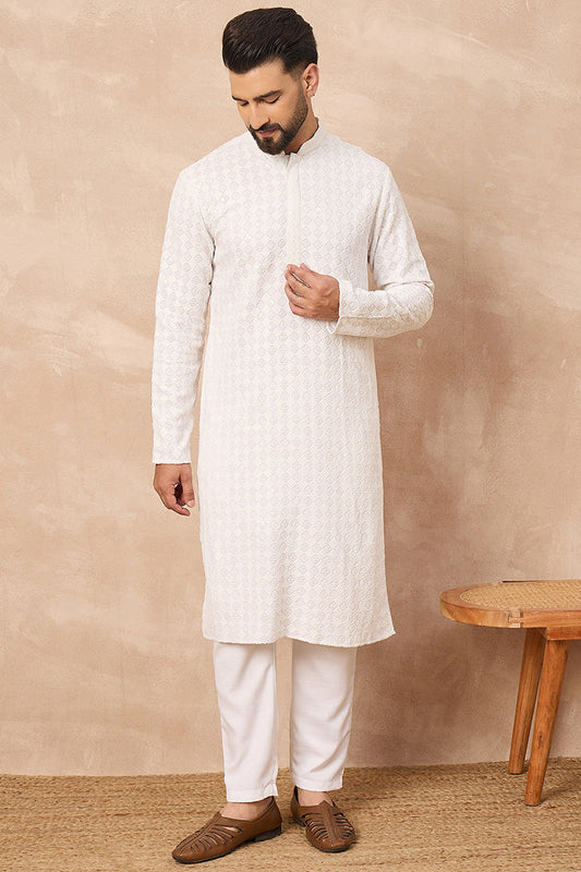 White Viscose Rayon Solid Embroidered Straight Kurta MKU1140