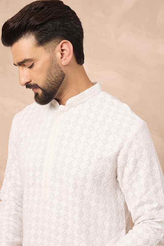 White Viscose Rayon Solid Embroidered Straight Kurta with Trouser MKSET1140