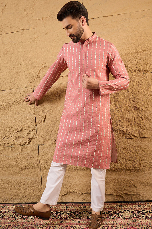 Pink Cotton Blend Embroidered Mandarin Collar Straight Kurta MKU1156