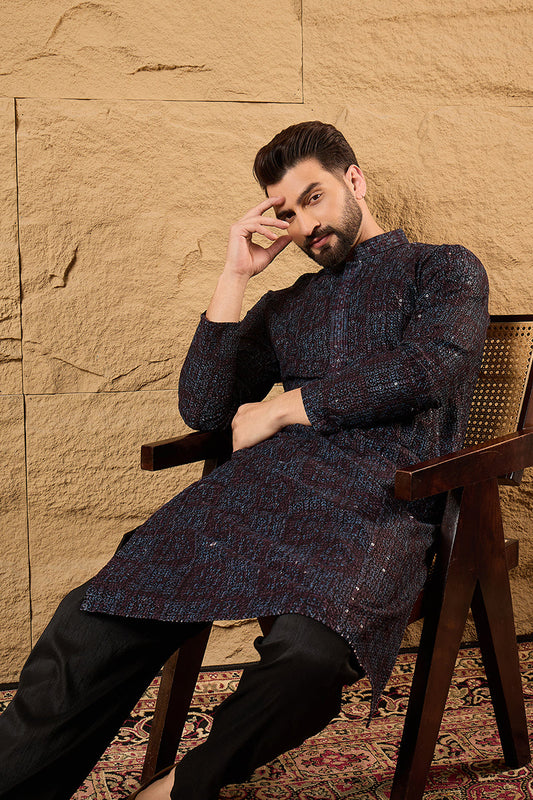 Black Viscose Rayon Geometric Embroidered Chikankari Straight Kurta MKU1166