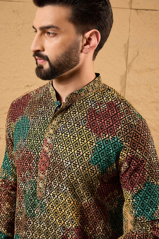 Ethnic Bay Mens Multi Viscose Rayon Geometric Embroidered Chikankari Straight Kurta With Pant Set