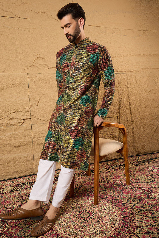 Ethnic Bay Mens Multi Viscose Rayon Geometric Embroidered Chikankari Straight Kurta With Pant Set