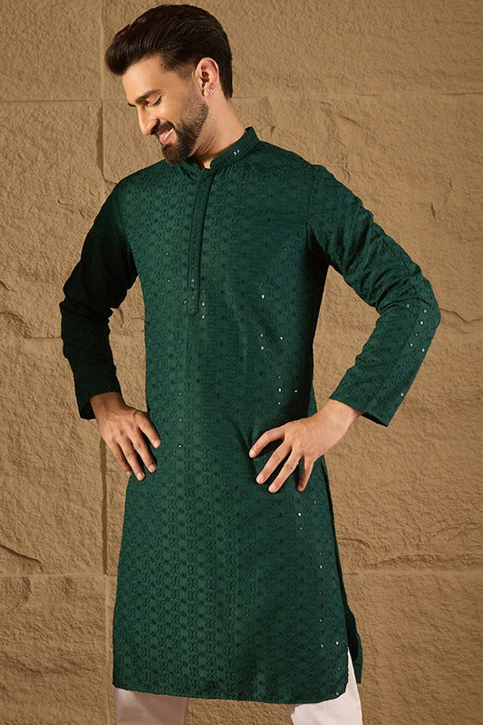 Green Viscose Rayon Solid Embroidered Straight Kurta MKU1188