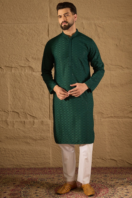 Ethnic Bay Dark Green Viscose Rayon Embroidered Straight Kurta With Trousers MKSET1188