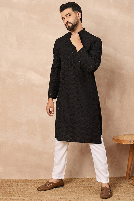 Ethnic Bay Black Viscose Rayon Embroidered Straight Kurta With Trousers MKSET1190
