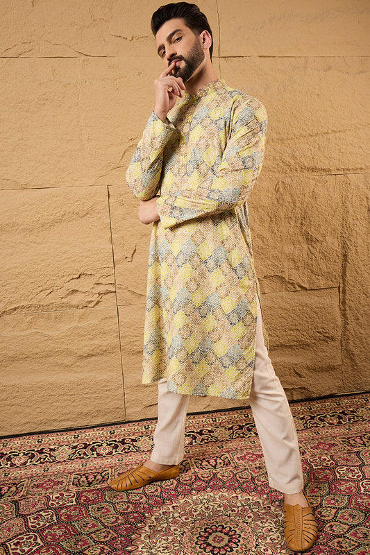 Yellow Viscose Rayon Bandhani Embroidered Straight Kurta With Pant Set MKSET1192