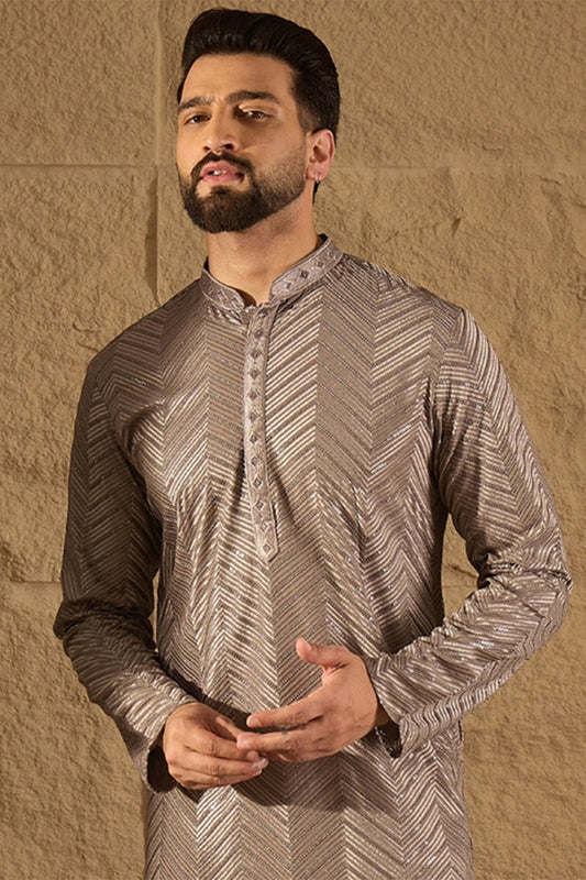 Grey Viscose Rayon Solid Embroidered Straight Kurta with Trousers MKSET1202