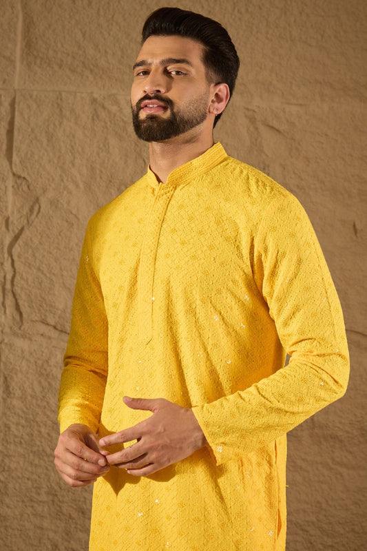 Yellow Viscose Rayon Solid Embroidered Straight Kurta With Pant Set