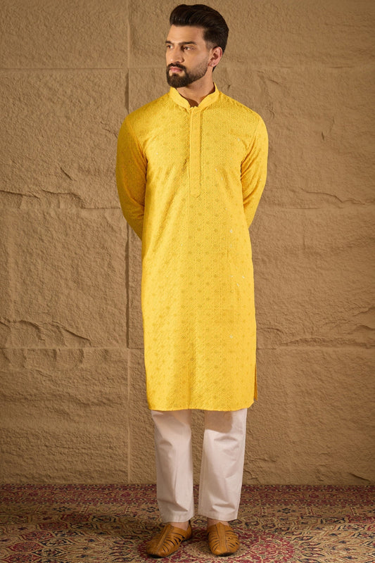Yellow Viscose Rayon Solid Embroidered Straight Kurta With Pant Set