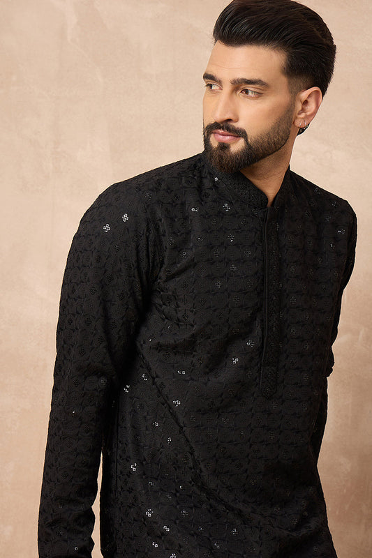 Black Viscose Rayon Solid Embroidered Straight Kurta