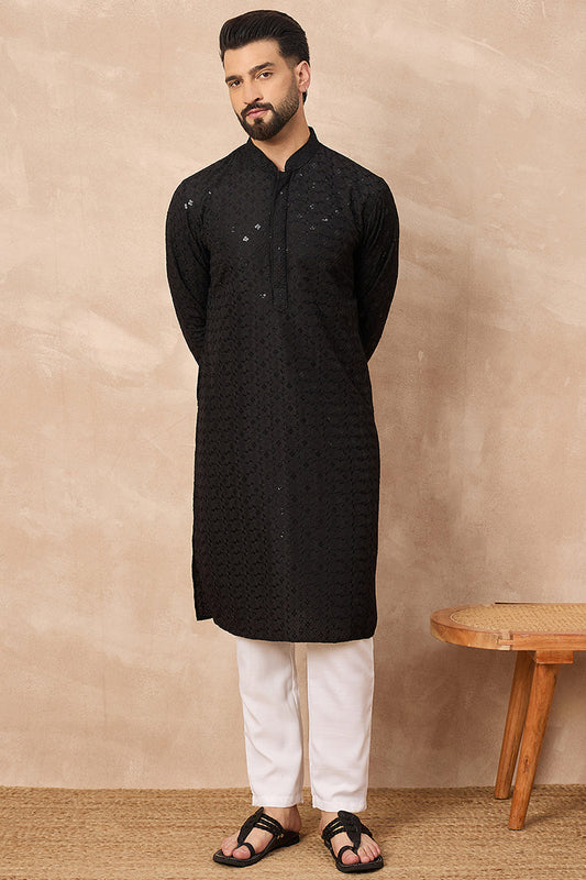 Black Viscose Rayon Solid Embroidered Straight Kurta