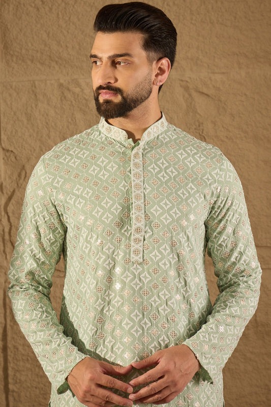 Green Viscose Rayon Solid Embroidered Straight Kurta With Pant Set MKSET1238