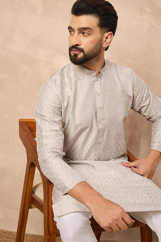 Grey Silk Geometric Printed Straight Kurta With Pant Set MKSET1272