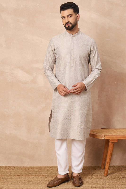 Grey Silk Geometric Printed Straight Kurta With Pant Set MKSET1272