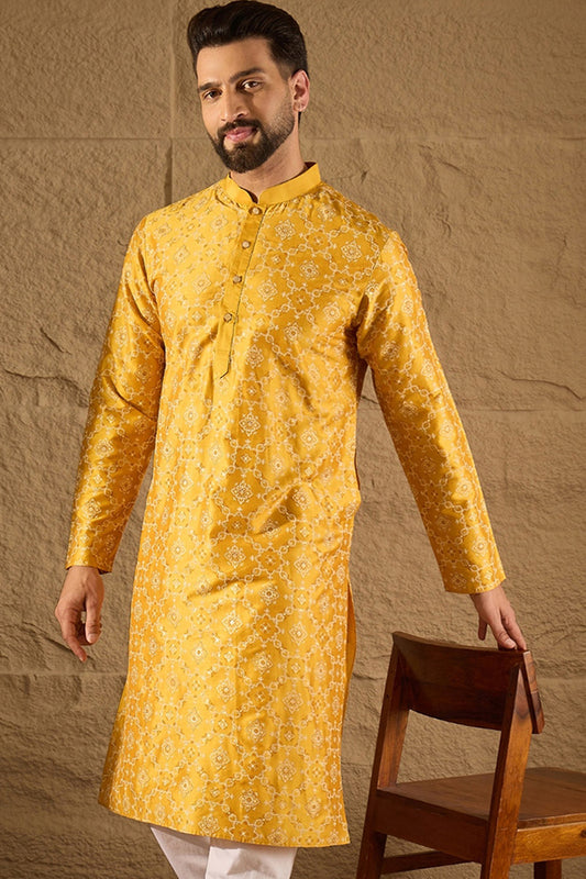 Yellow Silk  Geometric Printed Straight Kurta MKU1276