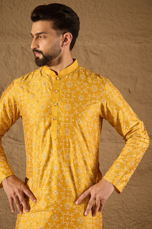Yellow Silk  Geometric Printed Straight Kurta MKU1276