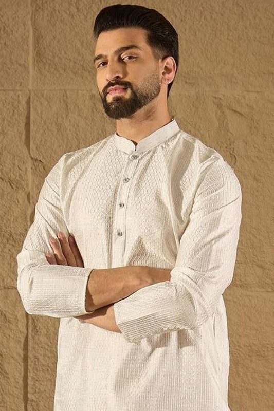 Ethnic Bay White Viscose Rayon Embroidered Mandarin Collar Straight Kurta MKU1286