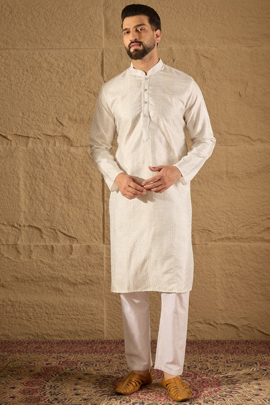 Ethnic Bay White Viscose Rayon Embroidered Mandarin Collar Straight Kurta MKU1286