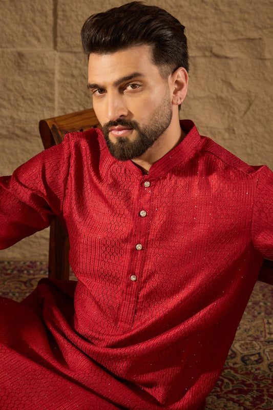 Red Silk Blend Solid Embroidered Straight Kurta with Trouser MKSET1290