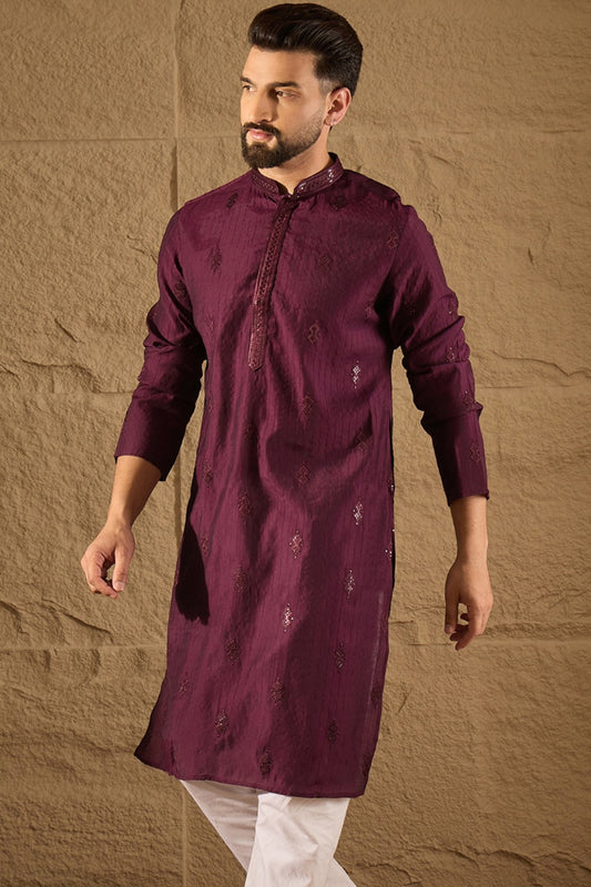 Purple Viscose Rayon Solid Embroidered Straight Kurta MKU1291