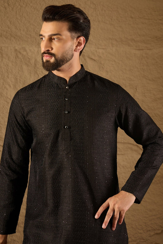 Ethnic Bay Black Viscose Rayon Embroidered Mandarin Collar Straight Kurta MKU1292