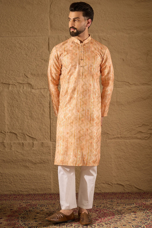 Orange Silk Blend Woven Straight Kurta